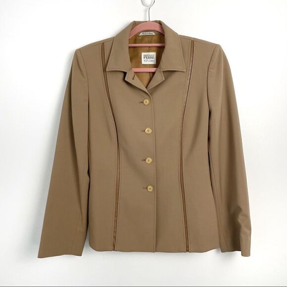 Gianfranco Ferre Tan Wool Blend Leather Trim Skirt Suit Sz 8 - Picture 7 of 16